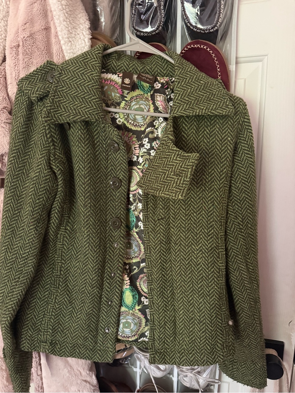Element Olive Herringbone Pea Coat with Floral Lining